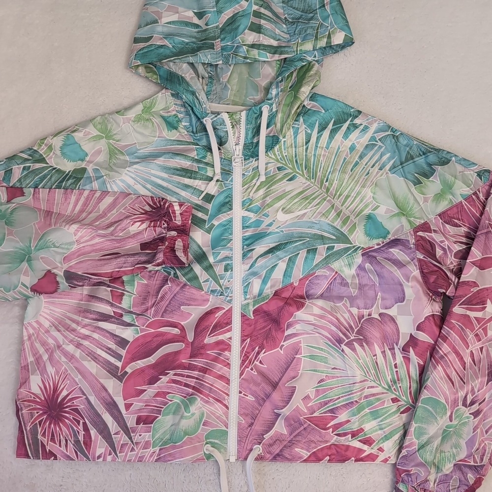 Nike Women's Sm Windbreaker‎ Tropical Floral Jacket Hooded Full Zip Pink Green